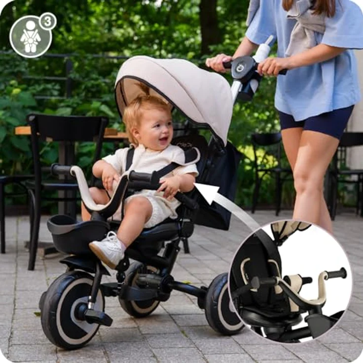 MoMi IVI 3-in-1 Kinderdreirad, beige, mit 360° drehbarem Sitz, Schiebestange & Sonnendach, 3-Punkt-Gurt, PU-Räder – Bild 9