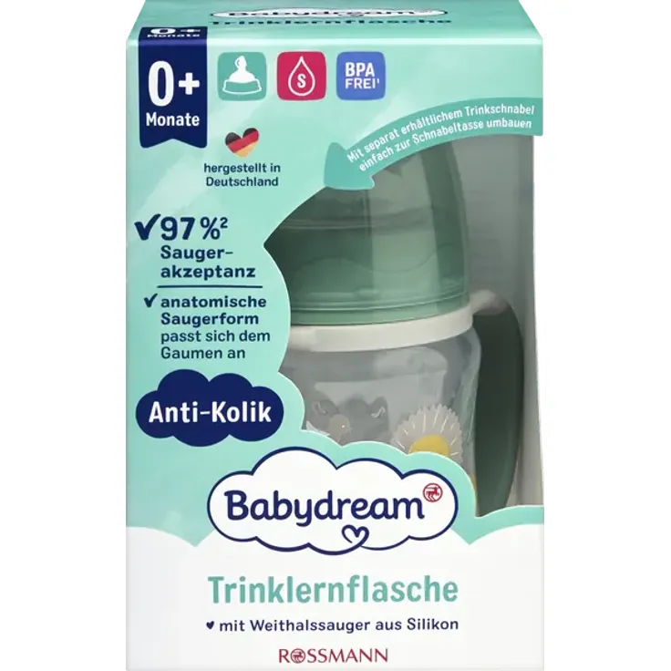 Babydream Trinklernflasche mit Anti-Kolik-Ventil, Silikonsauger, rutschfesten Griffen und auslaufsicherer Schutzkappe