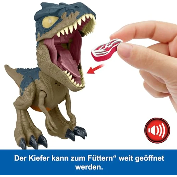Mattel Jurassic World Mega Roar Allosaurus, Dinosaurier-Spielzeug mit Geräuschen, flexiblen Sehnen und Fütterzubehör, 20 cm – Bild 3