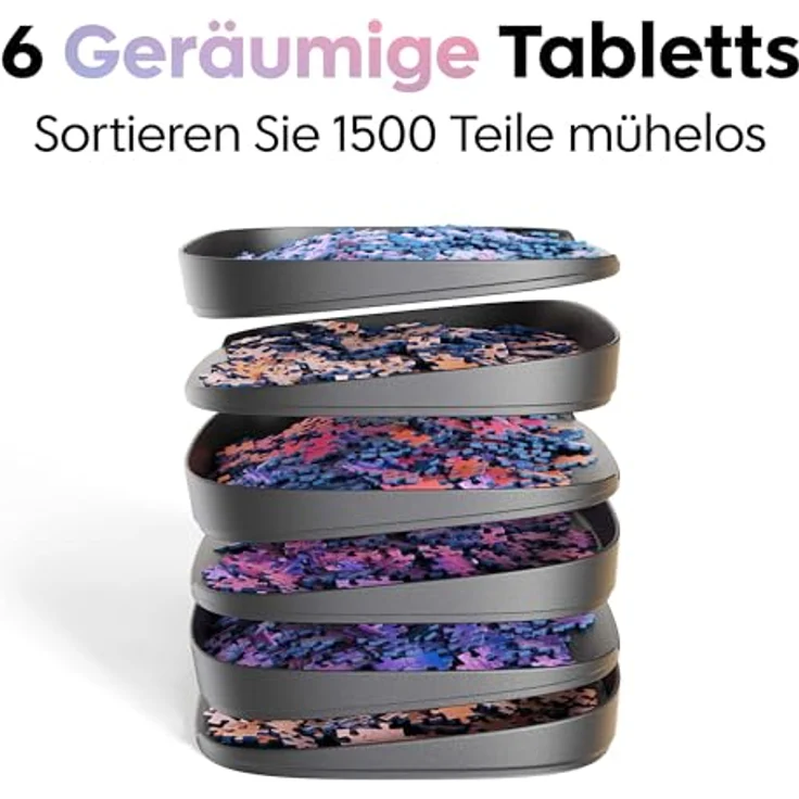 Puzzlup Stapelbare Puzzle Sortierschalen, Premium Sortierer Set aus 6 Schalen für bis zu 1500 Teile mit Offenem Kanten Design, mattschwarz und Boxdeckelständer – Bild 3
