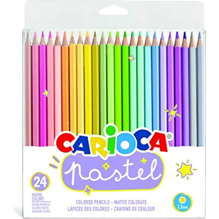 CARIOCA Pastel Buntstifte-Set, sechseckige Pastel-Buntstifte, Holzstifte mit Spitze für Kinder und Erwachsene, verschiedene Farben, 24 Stück