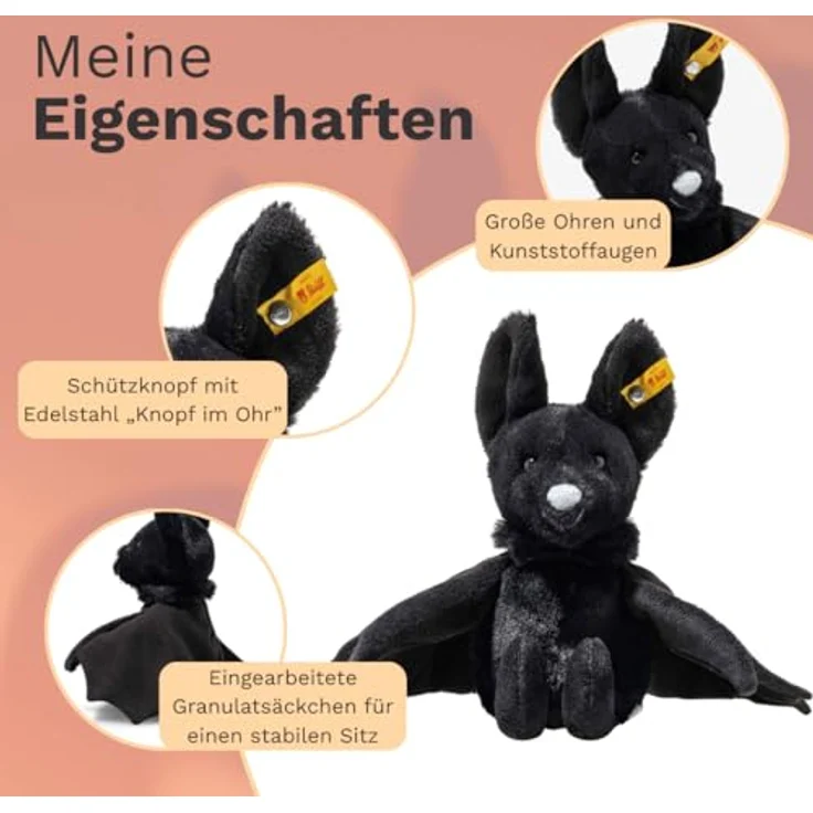 Steiff Fledermaus Boris, Kuscheltier aus flauschigem Plüsch, schwarz, 18 cm mit Granulatsäckchen – Bild 3