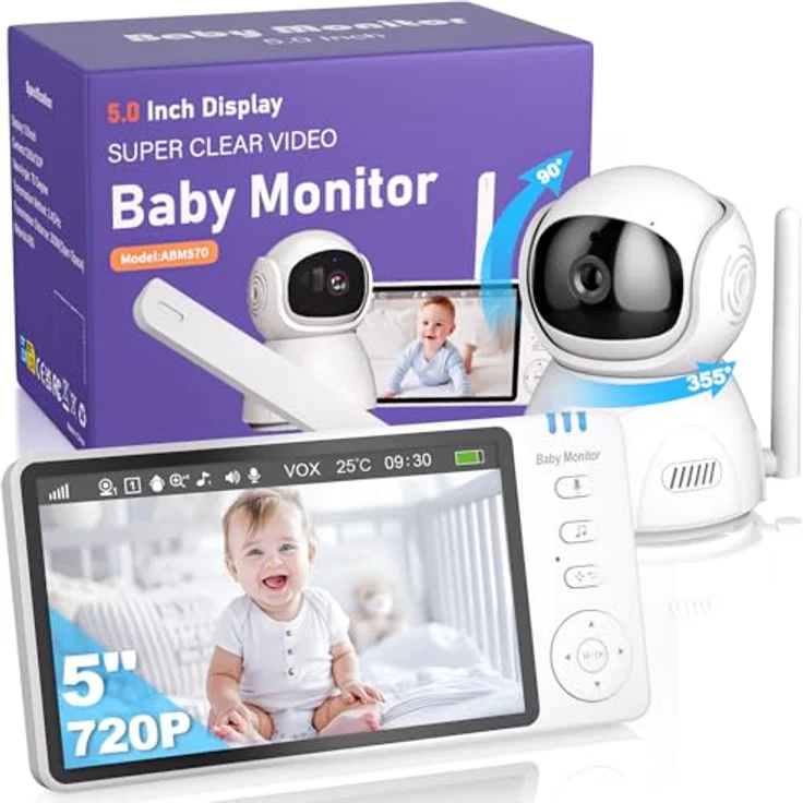 BURNNOVE Babyphone mit Kamera 5" IPS 720P, ohne WLAN, 355°/90° schwenkbar, Nachtsicht, Temperaturüberwachung, Zwei-Wege-Audio, VOX, 8 Schlaflieder, 5 Wecker – Bild 1