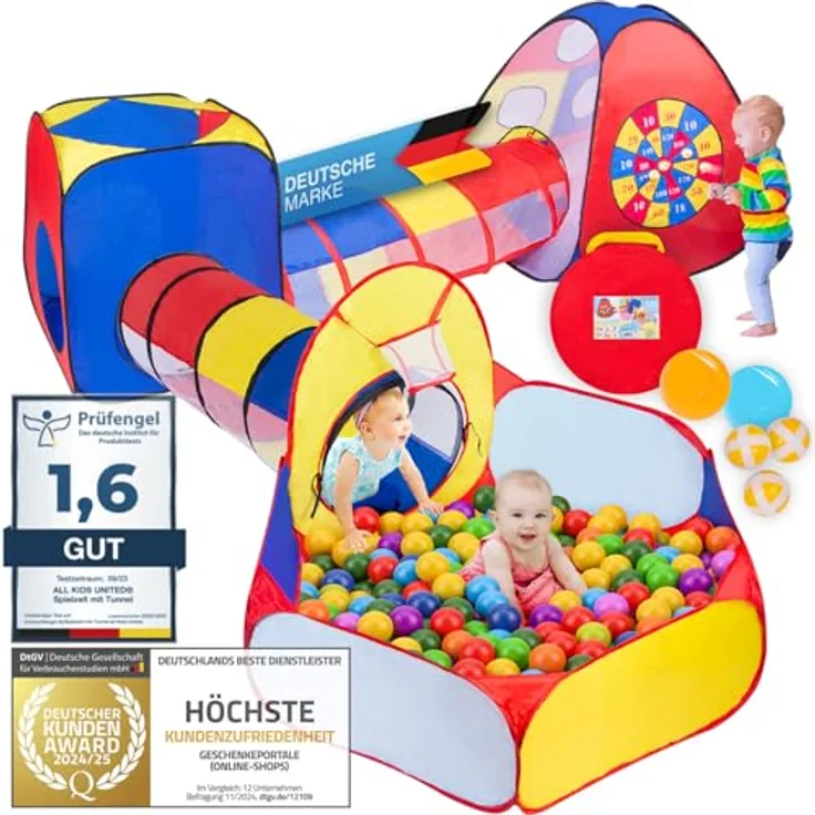 all Kids United® XXL Spielzelt mit Tunnel, Bällebad, Krabbel-Tunnel & Klettball Dartscheibe, Pop-Up 5-teiliges Spiel-Haus mit Tasche