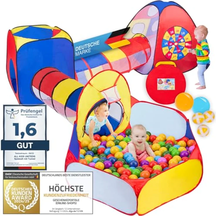 all Kids United® XXL Spielzelt mit Tunnel, Bällebad, Krabbel-Tunnel & Klettball Dartscheibe, Pop-Up 5-teiliges Spiel-Haus mit Tasche – Bild 1