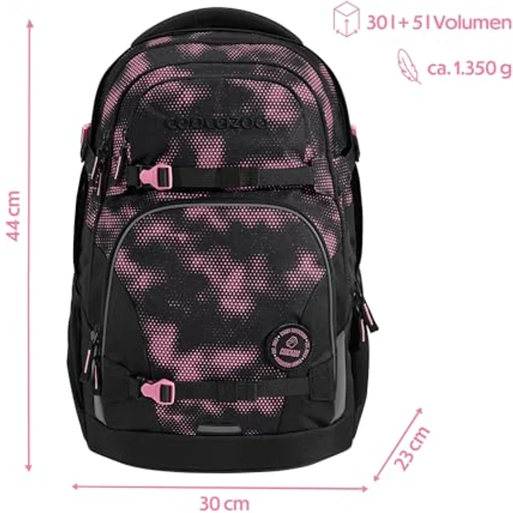 Coocazoo Schulrucksack Porter „Pink Illusion”, ergonomischer Tornister, höhenverstellbar, 30-35 Liter Stauraum, schwarz-pink, mit Brust- und Hüftgurt, ab 3. Klasse – Bild 2