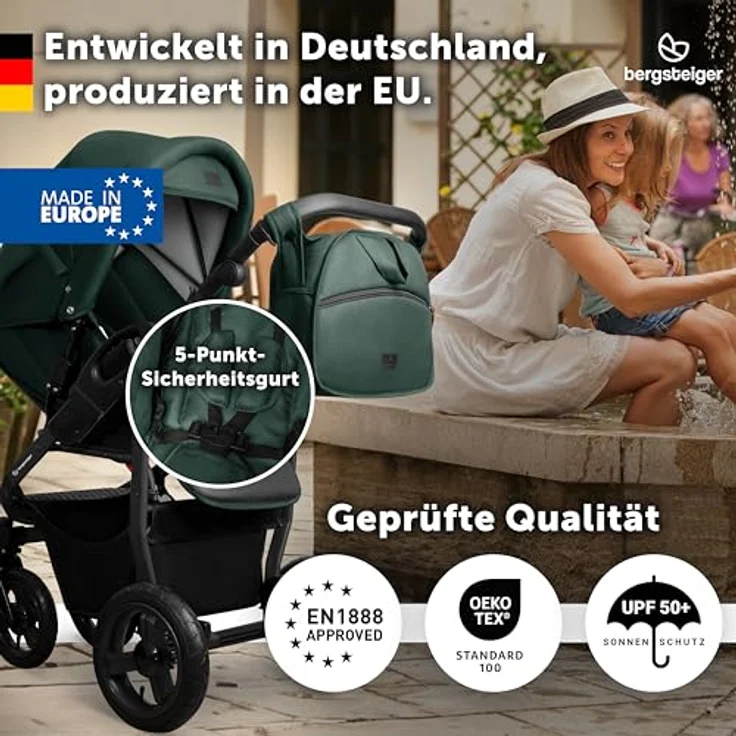 Bergsteiger Capri Kombikinderwagen 3-in-1, Babywanne, Sportsitz & i-Size Babyschale, Luftreifen, Federung, höhenverstellbarer Griff, faltbar, Zubehör – Bild 4