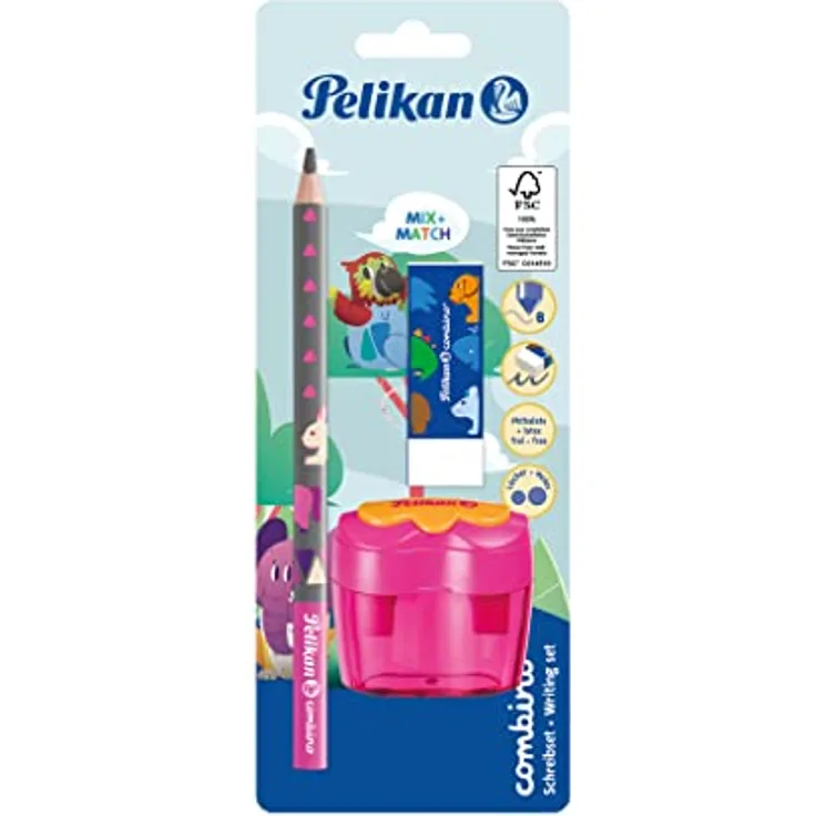 Pelikan Anspitzer Starterset Combino, 3-teilig mit Schreiblernbleistift B, Doppeldosenanspitzer und Radierer, Farbe: pink