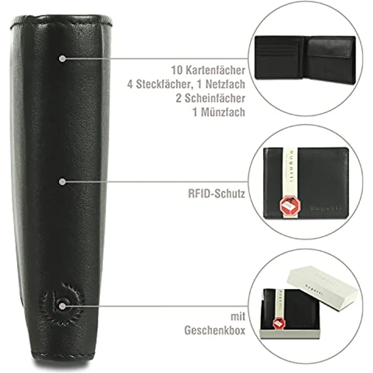bugatti Primo Geldbeutel Männer RFID Leder - Geldbörse Herren Schwarz - Portmonaise Portemonnaie Portmonee Brieftasche Wallet Ledergeldbeutel – Bild 4