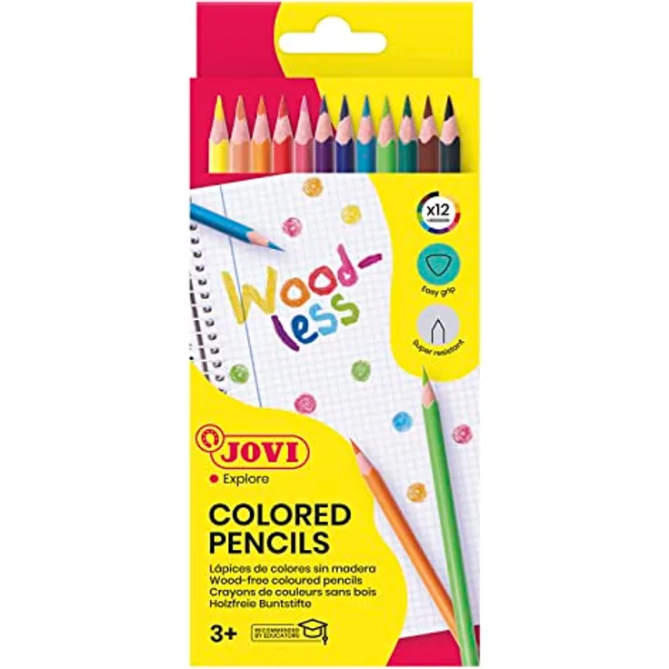 Jovi Buntstifte Woodless, holzfrei, 3-kant Form, ab 3 Jahren, bruchsicher, 12 Farben in einer Schachtel