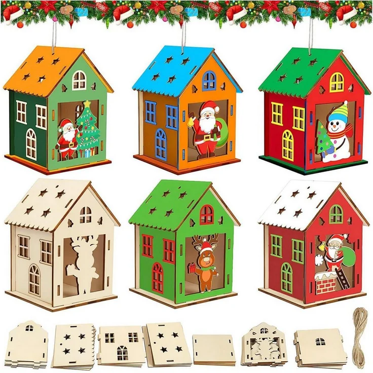 LuxusKollektion Kreativset Weihnachtshaus 5er Set Holz Deko, mehrfarbig, inkl. 1 Pinsel und 5 Seile, für Kinder ab 3 Jahren