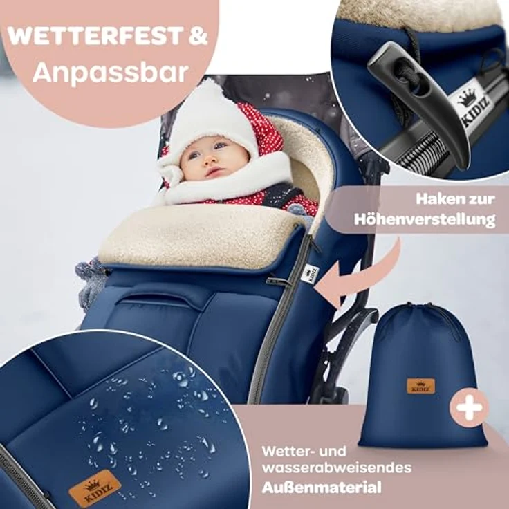 KIDIZ® Babyfußsack Baby Fußsack Winterfußsack Babyschale mit Reißverschluss Kuschelsack Babydecke Kinderwagen waschbar verschließbarer Kopfteil ,Tasche, passend für alle Kinderwagen Blau – Bild 8