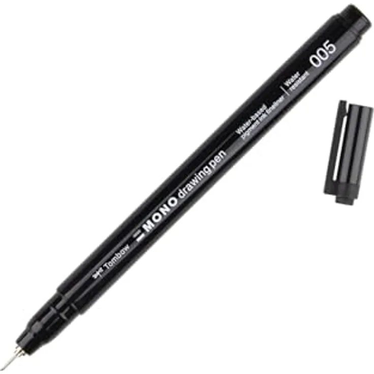 Tombow MONO drawing pen 005 Fineliner schwarz, 0,2 mm, wasserlösliche Tinte, metallgefasste Spitze