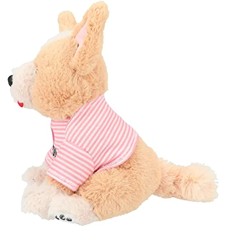 Depesche 12078 TOPModel - Kuscheltier Corgi Lotti mit hellbraunem Fell und rosa gestreiftem T-Shirt, ca. 18 cm großer Plüschhund – Bild 4