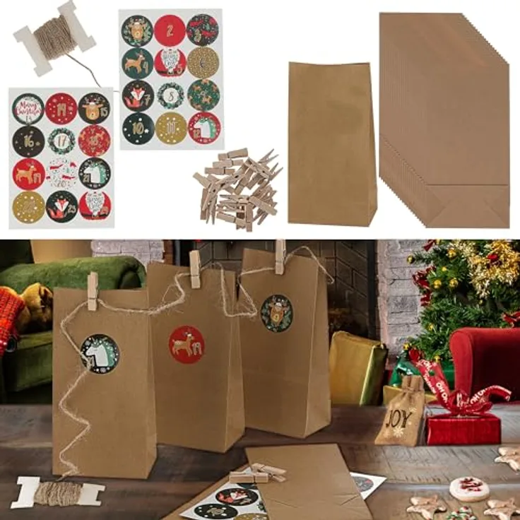 Cepewa Adventskalender DIY Bastelset 72tlg. │ Papier Jute Holz 12x24x6cm │ Weihnachten Papiertüten Zahlensticker Schnur Klammern Kalender