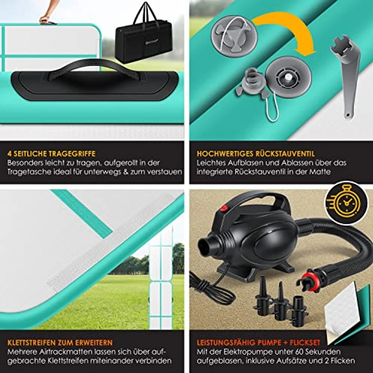 KESSER® Turnmatte Aufblasbar Airtrack Fitness-Matte Gymnastikmatte 3/4/5/6m | inkl. Tragetasche & elektr. Luftpumpe | Yogamatte, Tumbling Matten , Trainingsmatte Sportmatte Yoga, Turn- & Fitness 400 x 100 x 10 cm, Mint Grün – Bild 4