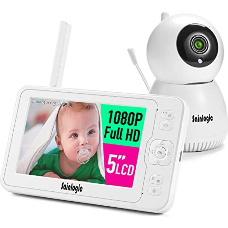 Sainlogic Video Babyphone mit Kamera,1080P FHD 5 Zoll LCD Display, Tag und Nachtansicht,100m Reichweite, Weitwinkelobjektiv, Weckfunktion, Temperatursensor, Weiß – Bild 1