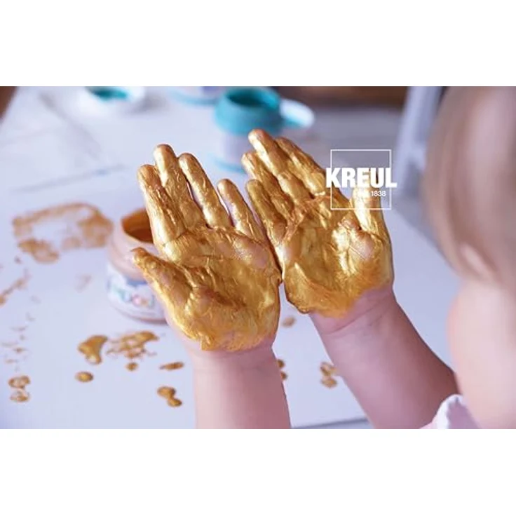KREUL MUCKI Funkel Fingerfarben, 6 Glitzerfarben in Diamanten-Blau, Zauber-Lila, Feenstaub-Rosa, Drachen-Silber, Smaragd-Grün, Goldschatz, vegan, gut auswaschbar – Bild 8