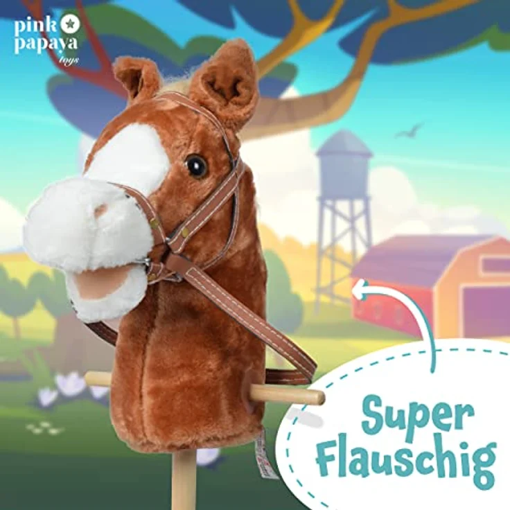 Pink Papaya Steckenpferd, Mr. Brownie, süßes Spielzeug Pferd aus Plüsch mit Sound Funktion Gewieher und Galoppgeräusch - Farbe: braun mit Blonder Mähne – Bild 5