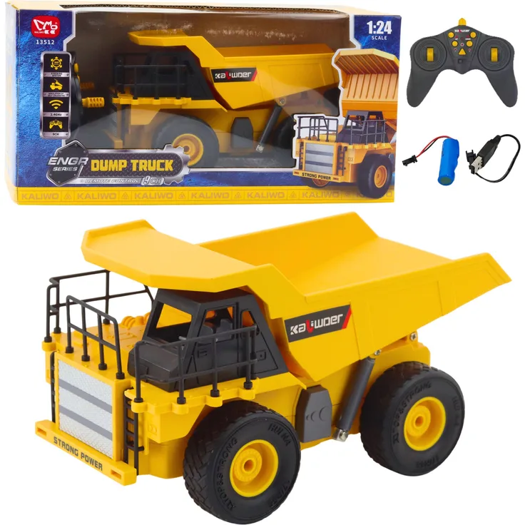 Lean Toys Ferngesteuerter Muldenkipper 1:24 mit LED-Beleuchtung, gelb, 9 Kanäle, 2,4 GHz