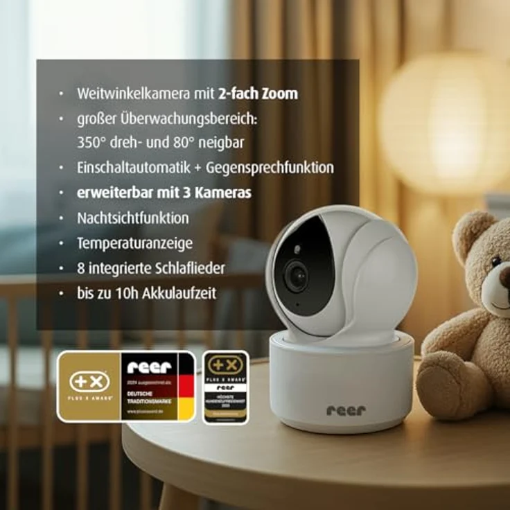 Reer BabyCam XL Move, digitales Video-Babyphone mit 4,3" TFT-Bildschirm, abhörsicherer FHSS-Technologie, 300m Reichweite, schwenk- & neigbarer Kamera, Nachtsicht, Gegensprechfunktion, weiß – Bild 2