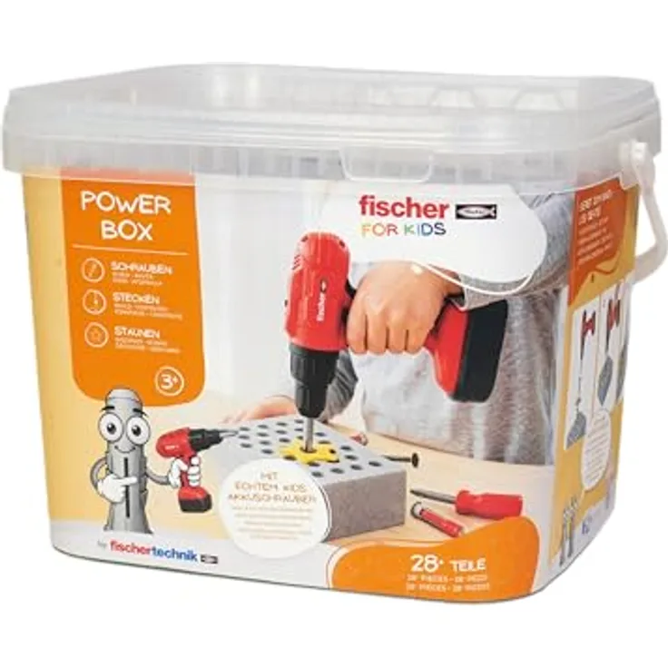 fischertechnik Fischer for Kids Power-Box 579436, Spielwerkzeugset für Kinder ab 3 Jahren mit elektrischem Akkuschrauber, DuoKID Dübel und Schraubendreher