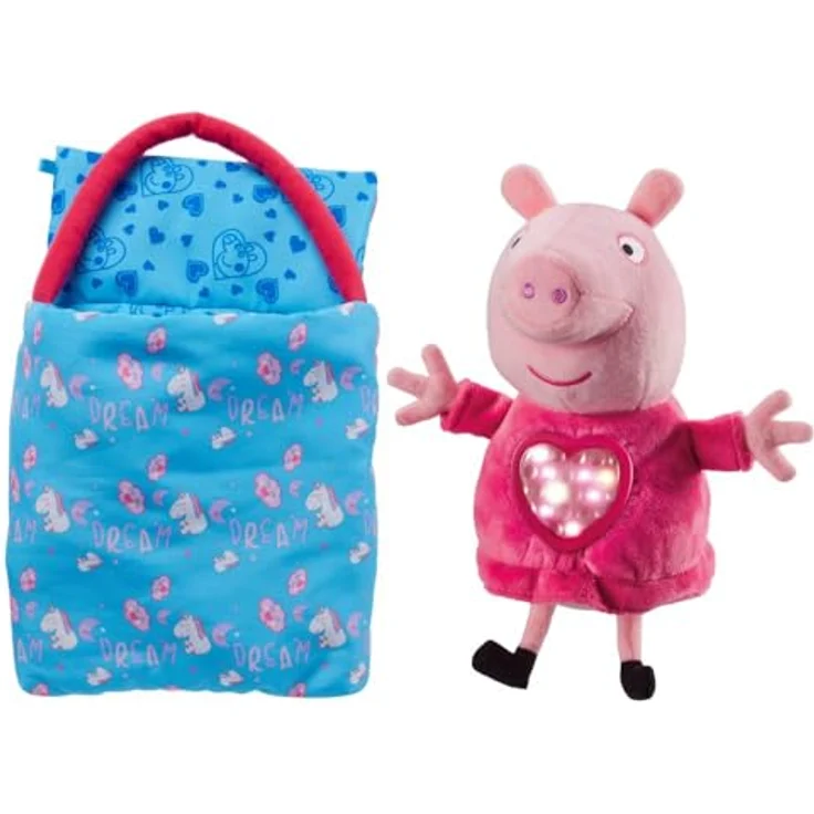 BANDAI Peppa Wutz Pyjama-Party Plüschtier mit Schlafsack und Herzlicht, weich und kuschelig – Bild 5