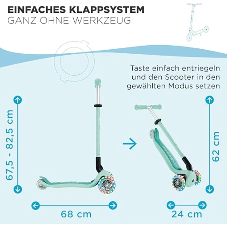 Globber Go-Up Active Lights 360, 3-in-1 Scooter für Kinder, faltbar mit LED-Beleuchtung, höhenverstellbarem Sitz und Lenker, blau – Bild 5