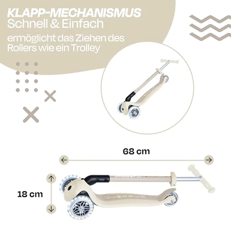 Globber PRIMO FOLDABLE LIGHTS ECO, Dreiradscooter mit Leuchtrollen, kokusweiß, höhenverstellbar und klappbar – Bild 4