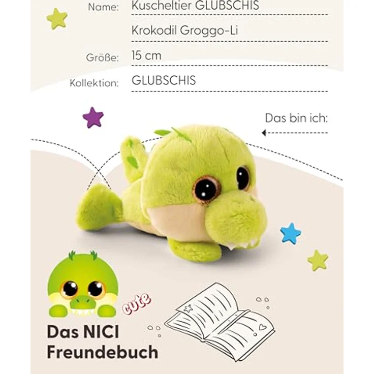 Nici Kuscheltier Glubschis, Krokodil Groggo-Li, flauschig, hellgrün, 15 cm liegend mit goldglitzernden Augen – Bild 5