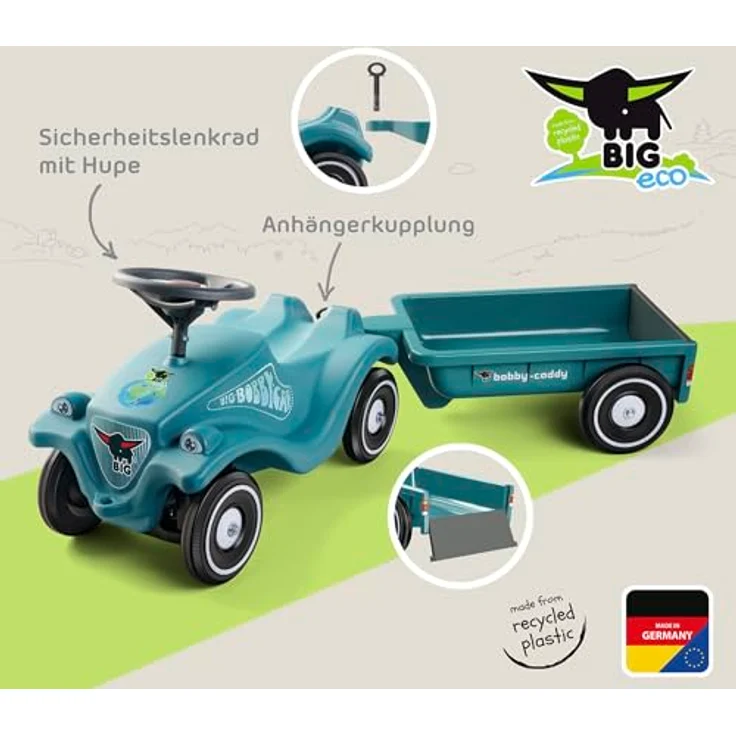 BIG Bobby Car Classic Eco 2.0, Rutschauto mit Anhänger aus Recycling-Material, TÜV-geprüft, ergonomisches Design, Türkis mit Grau, für Kinder ab 1 Jahr (bis 50 kg) – Bild 4
