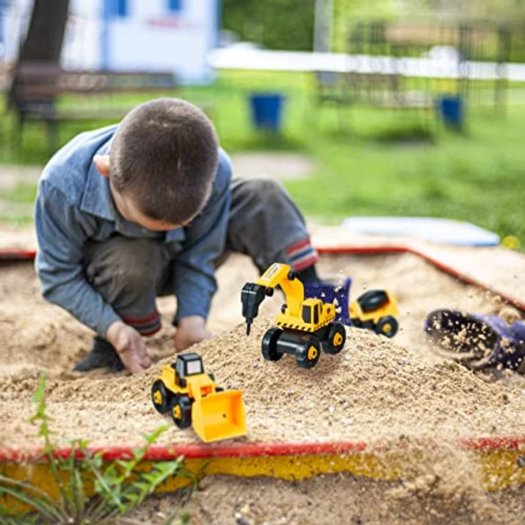 Relaxdays Baustellenfahrzeuge Kinder, 6-TLG. Set, Bagger Spielzeug, DIY, Schraubendreher, Box, ab 3 Jahre, gelb-schwarz – Bild 3