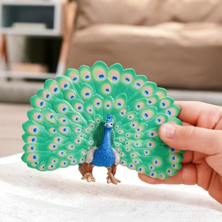 Schleich Pfau Figur Farm World, detailgetreue Nachbildung mit schillernden Schwanzfedern in Blau, Grün und Gold, 3,6 x 11 x 8 cm – Bild 2