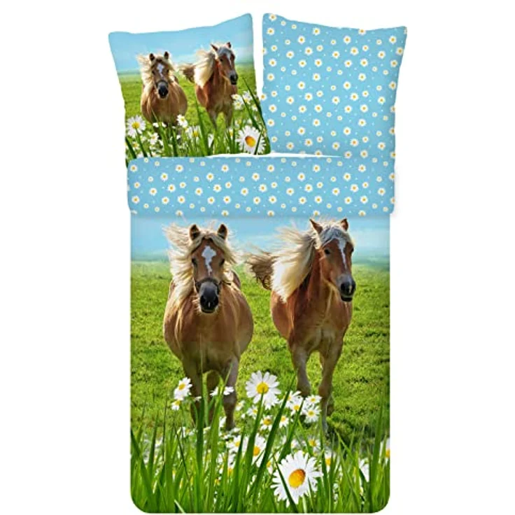 ESPiCO Bettwäsche Trendy Bedding Pferd Koppel Galoppieren Blumen Geblümt Bunt Renforcé, 100% Baumwolle, Kinderbettwäsche, 2-teilige Wendebettwäsche, 135x200 cm – Bild 1
