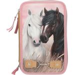 Depesche 13187 Miss Melody Dusty Rose - Gefüllte 3-Fach Federtasche in Altrosa, mit Pferde Motiv und Zier-Verschluss, Federmappe mit Buntstiften, Lineal, Schere UVM.