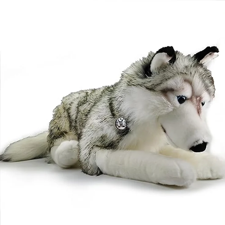 Kuscheltiere.biz Wolf Husky Schlenkertier Grauwolf Plüschtier 80 cm XXL Schlenkerwolf ASKA, überragend weicher Plüschstoff, meliertes Fell, realistisches Design, waschbar bei 30°C, inklusive silberfarbener Esel-Igor-Metallplakette – Bild 3