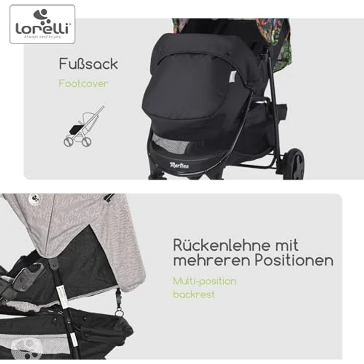 Lorelli Kinderwagen Martina, Leichter Reisebuggy, kompakter Sportsitz bis 15kg, Gummireifen, inkl. Fußsack, bunt – Bild 3