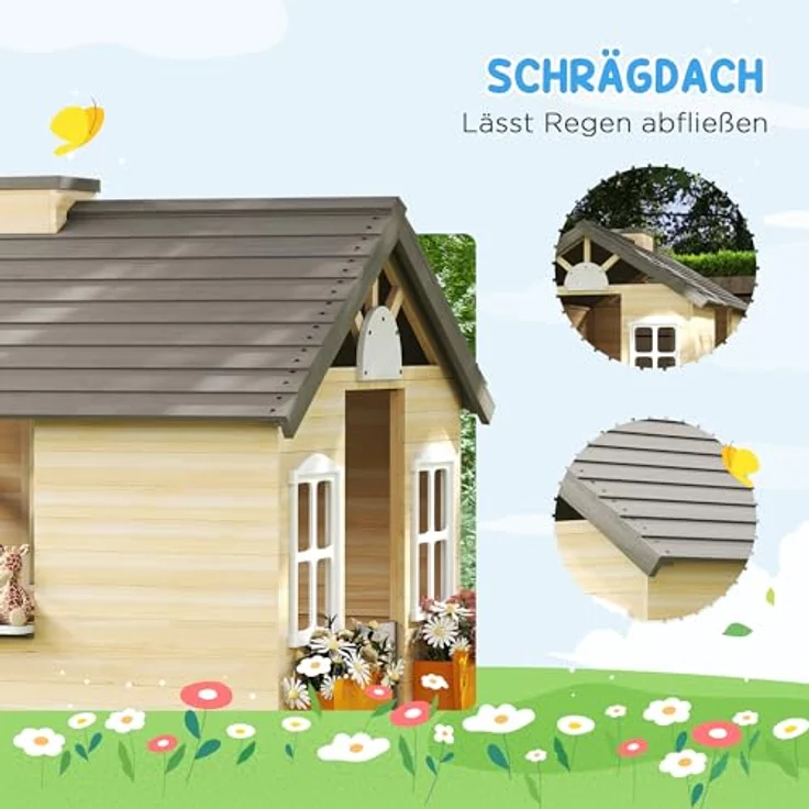 Outsunny Spielhaus aus Holz, Kinderspielhaus mit Tür, Fenster, Briefkasten und Blumentopfrack, für Jungen und Mädchen 3-7 Jahre, Indoor & Outdoor Natur സ്വാഗത – Bild 5