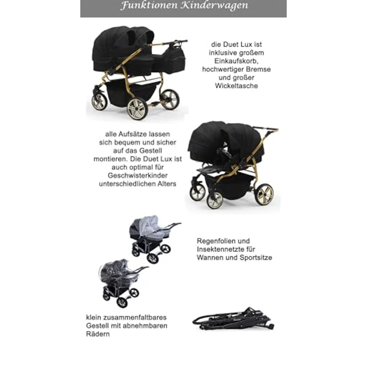 BabyMerc Zwillings-Kombikinderwagen City Twin 5 in 1 inkl. Sportsitze, Autositze und Isos in 19 Farben, Multitalent für Geschwister in allen Lebenslagen – Bild 6
