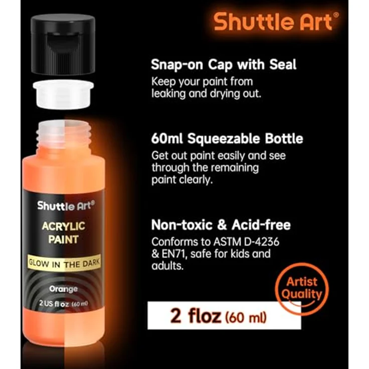 Shuttle Art Fluoreszierende Farbe Set, 12×60ml nachtleuchtende Acrylfarben für Malen und Basteln, Glow in the Dark mit UV-Taschenlampe, ideal für Stein, Holz und Schwarzlicht-Effekte – Bild 5