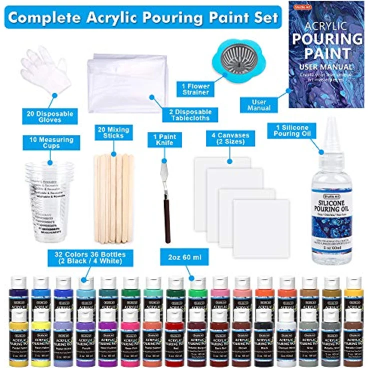 Shuttle Art Pouring Acrylfarben Set, 36 Flaschen (je 60 ml) mit Silikonöl, 4 Leinwänden, Messbechern und Zubehör, vorgemischte Farben für Stein, Holz, Papier – Bild 3