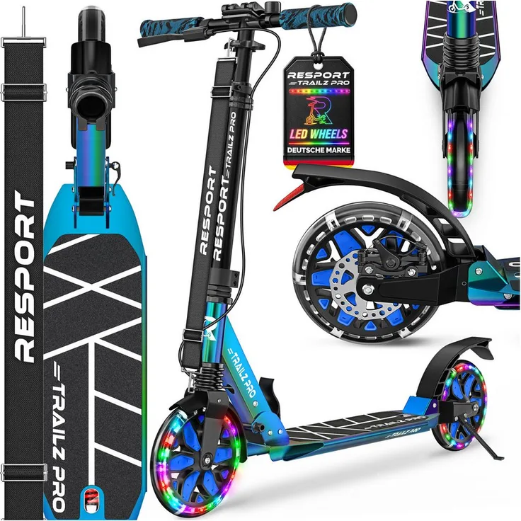 RE:SPORT Cityroller RE:SPORT® Trailz Pro, höhenverstellbarer & klappbarer Kickscooter mit Handbremse, Doppelfederung, LED-Rollen und Tragegurt, für Kinder & Erwachsene