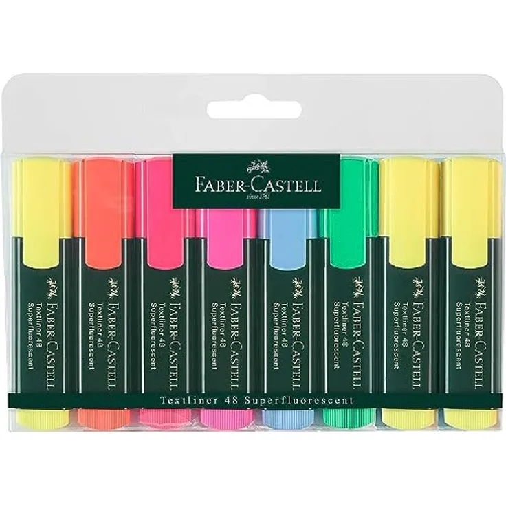 Faber-Castell 154862 - Textmarker TEXTLINER 48 Promo, 1 - 5 mm, 8er Etui, Inhalt: 3x gelb, je 1x grün, orange, rosa, blau, rot
