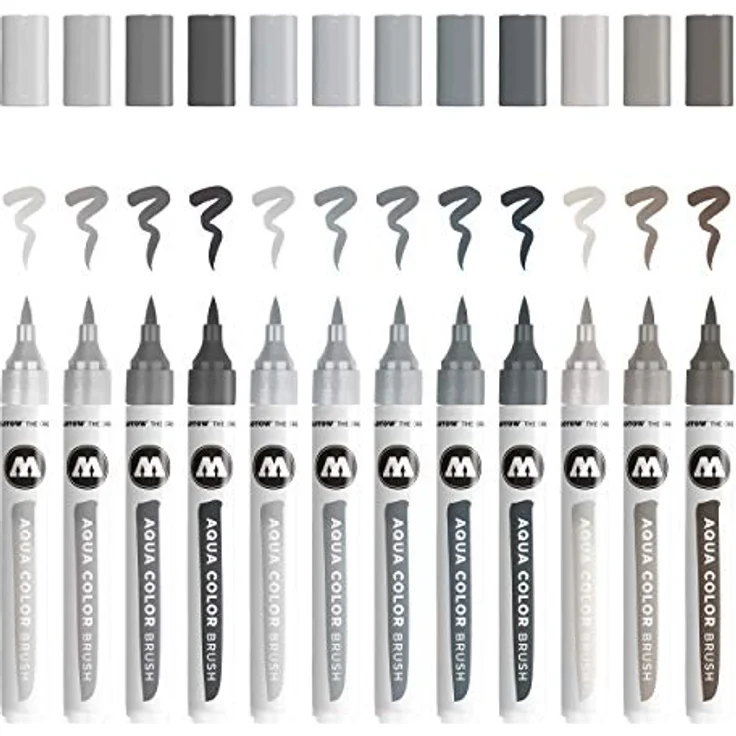 Molotow Aqua Color Brush (Brush Pen Marker Grey-Set, Pinsel Spitze für Aquarellieren und Handlettering) 12 Stück sortiert – Bild 1