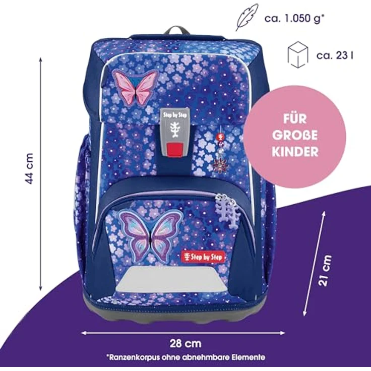 Step by Step Giant Schulranzen-Set „Butterfly Maja“, 5-teilig, ergonomischer Tornister, höhenverstellbar, mit Reflektoren, blau-rosa, 23 Liter für Mädchen ab der 1. Klasse – Bild 2