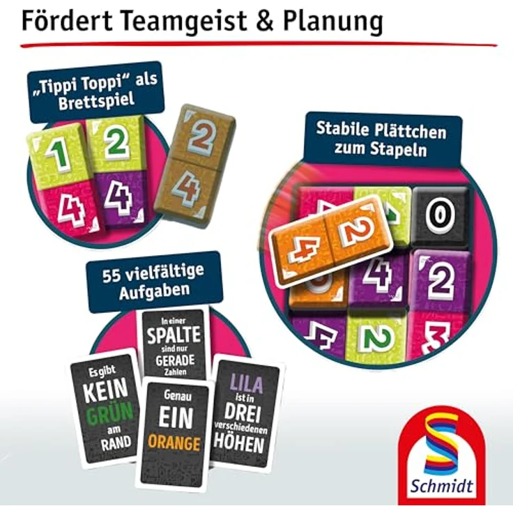 Schmidt Spiele 49484 Tippi Toppi, Hoch Hinaus! Legespiel für 1-4 Spieler, ab 8 Jahren, Spieldauer 30 Minuten, Blau, Weiß, Grün – Bild 4
