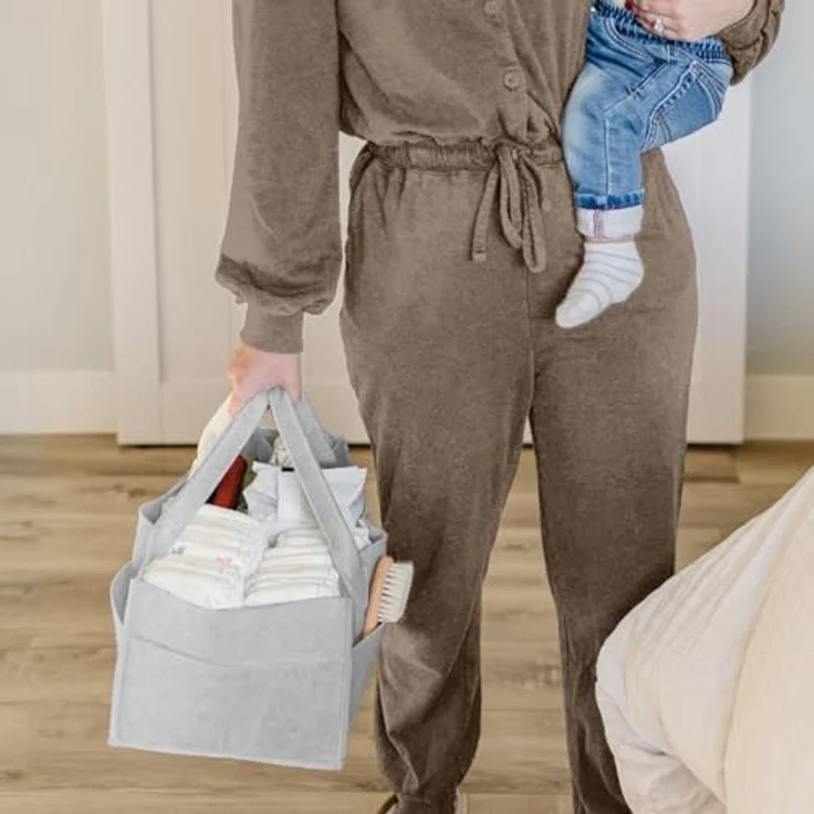 PUTSKA Windelkorb Organizer, Aufbewahrungskorb mit 6 Taschen und 3 Fächern für Neugeborenen-Essentials, grau, Standardgröße – Bild 2