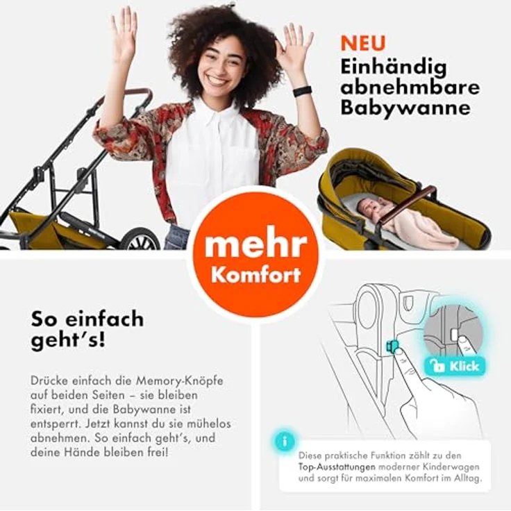 Daliya FLEXI-PRO M 2in1 Kombikinderwagen & Buggy mit Memory-Knöpfen, großem Einkaufskorb, leichtem Aluminiumrahmen und wetterfestem Schutz - einhändig abnehmbare Babywanne, höhenverstellbarer Schieber – Bild 4
