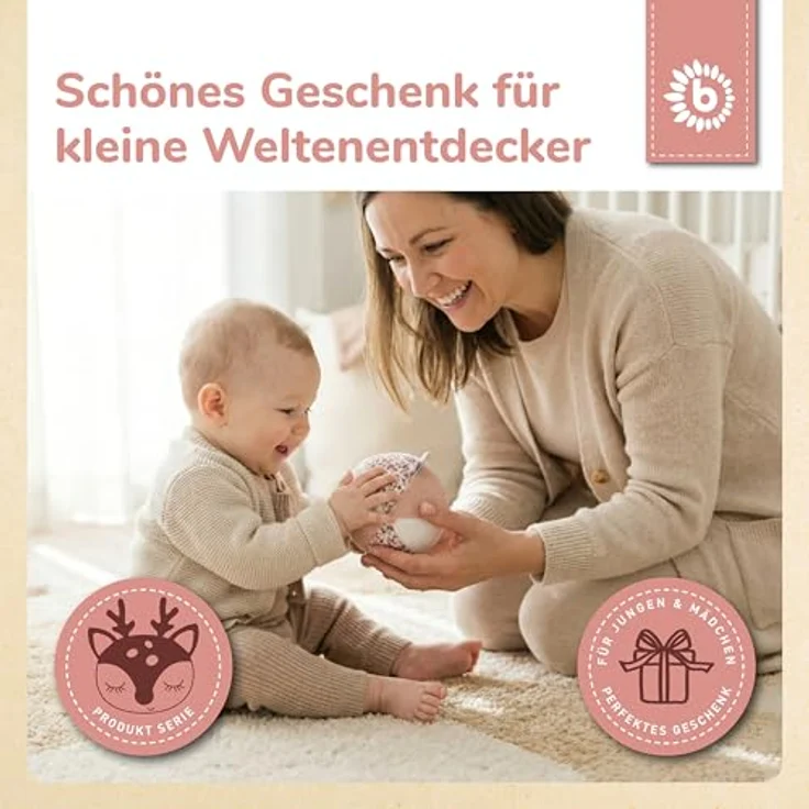 Bieco Veloursball Ella mit Rassel, Ø 10 cm, kuscheliger Plüschball in dreamy rose/sand Mix, fördert Motorik und Krabbeln – Bild 6