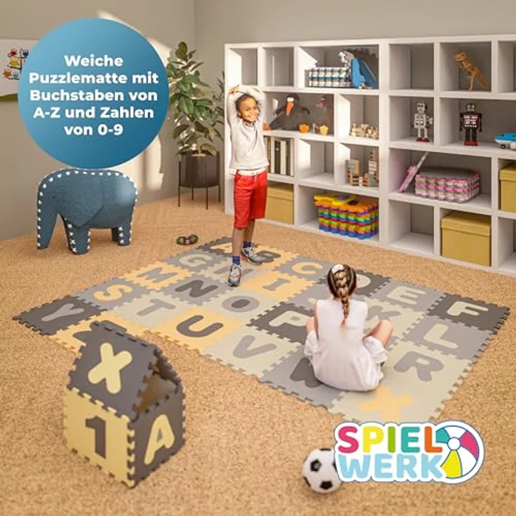Spielwerk® 86-teilige Puzzlematte Baby Kinder 3,3m² Spielmatte Bodenschutzmatte Krabbelmatte Buchstaben Zahlen ABC Lernteppich XXL Schaumstoff Grau – Bild 2